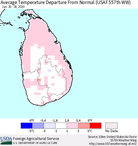 Sri Lanka Average Temperature Departure From Normal (USAF 557th WW) Thematic Map For 1/20/2020 - 1/26/2020
