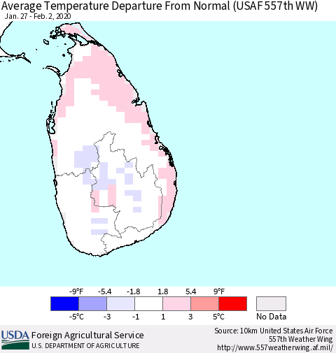 Sri Lanka Average Temperature Departure From Normal (USAF 557th WW) Thematic Map For 1/27/2020 - 2/2/2020