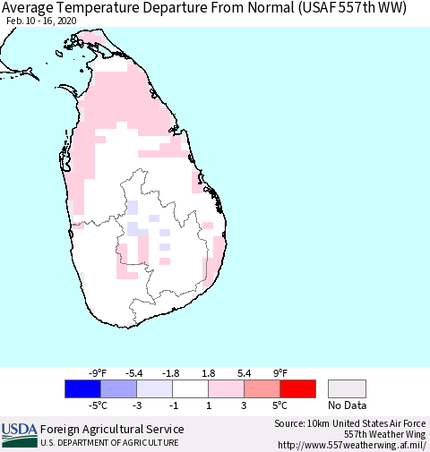 Sri Lanka Average Temperature Departure From Normal (USAF 557th WW) Thematic Map For 2/10/2020 - 2/16/2020