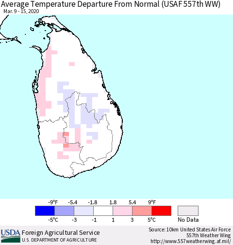 Sri Lanka Average Temperature Departure From Normal (USAF 557th WW) Thematic Map For 3/9/2020 - 3/15/2020