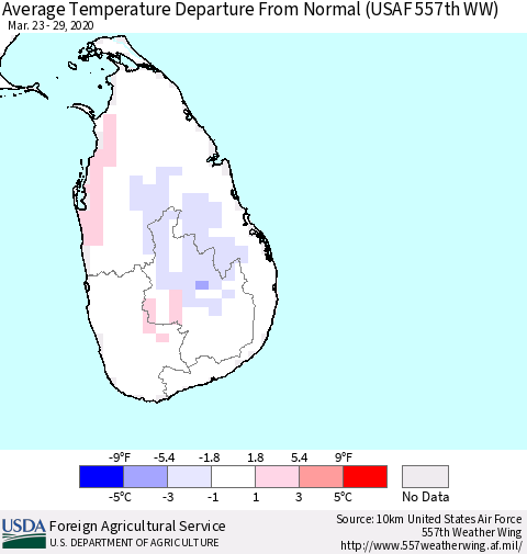 Sri Lanka Average Temperature Departure From Normal (USAF 557th WW) Thematic Map For 3/23/2020 - 3/29/2020