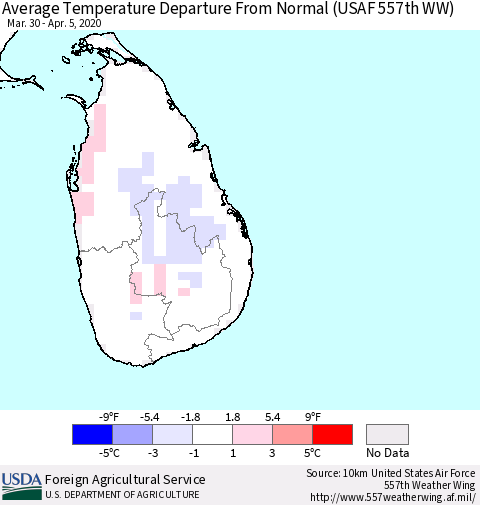 Sri Lanka Average Temperature Departure from Normal (USAF 557th WW) Thematic Map For 3/30/2020 - 4/5/2020