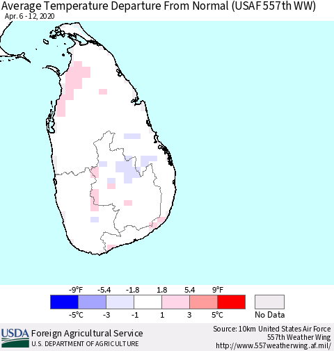 Sri Lanka Average Temperature Departure from Normal (USAF 557th WW) Thematic Map For 4/6/2020 - 4/12/2020