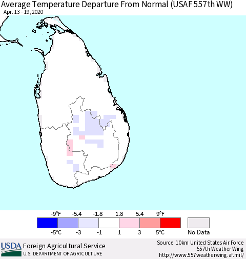 Sri Lanka Average Temperature Departure From Normal (USAF 557th WW) Thematic Map For 4/13/2020 - 4/19/2020