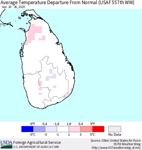 Sri Lanka Average Temperature Departure From Normal (USAF 557th WW) Thematic Map For 4/20/2020 - 4/26/2020