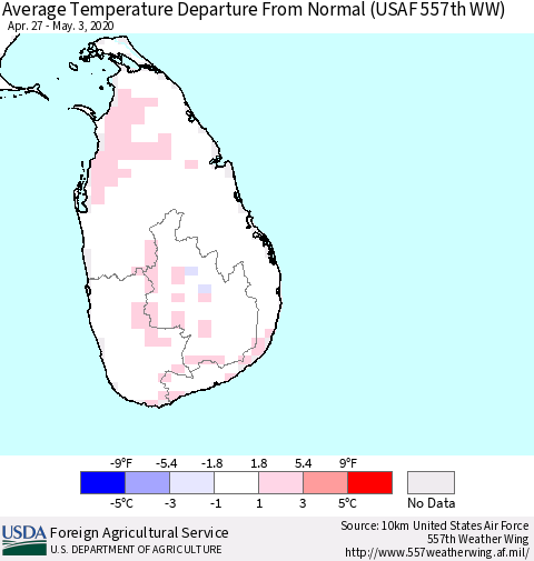 Sri Lanka Average Temperature Departure From Normal (USAF 557th WW) Thematic Map For 4/27/2020 - 5/3/2020