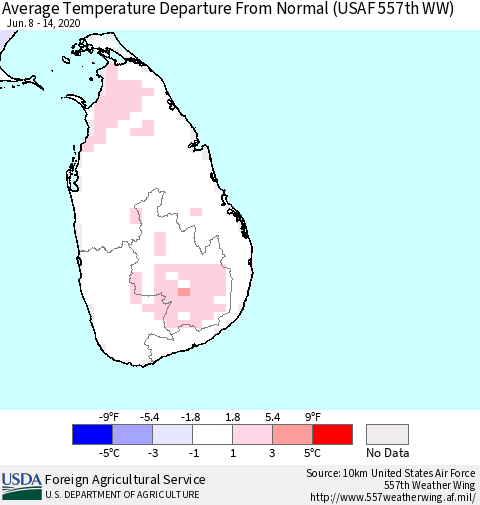 Sri Lanka Average Temperature Departure From Normal (USAF 557th WW) Thematic Map For 6/8/2020 - 6/14/2020