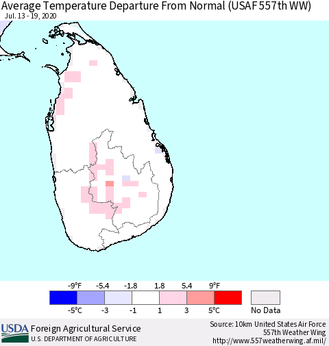 Sri Lanka Average Temperature Departure From Normal (USAF 557th WW) Thematic Map For 7/13/2020 - 7/19/2020