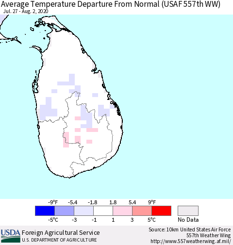 Sri Lanka Average Temperature Departure From Normal (USAF 557th WW) Thematic Map For 7/27/2020 - 8/2/2020