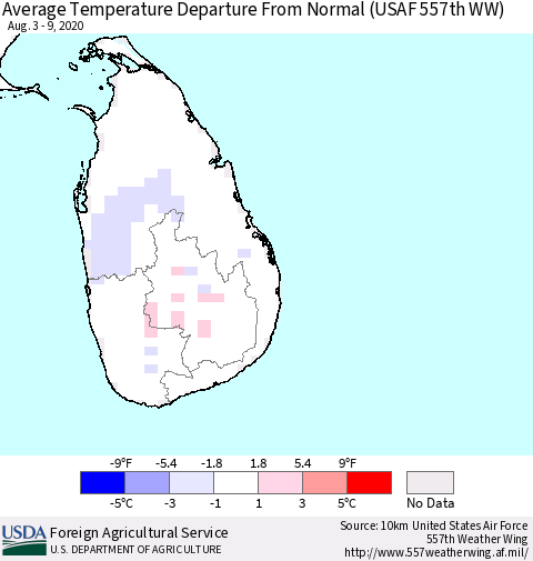 Sri Lanka Average Temperature Departure From Normal (USAF 557th WW) Thematic Map For 8/3/2020 - 8/9/2020