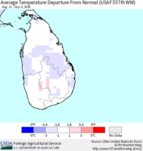 Sri Lanka Average Temperature Departure From Normal (USAF 557th WW) Thematic Map For 8/31/2020 - 9/6/2020