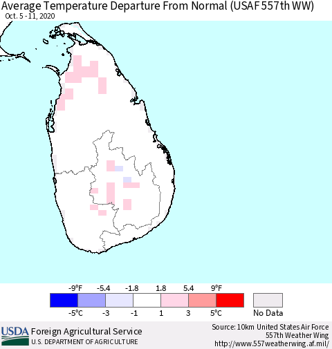 Sri Lanka Average Temperature Departure from Normal (USAF 557th WW) Thematic Map For 10/5/2020 - 10/11/2020
