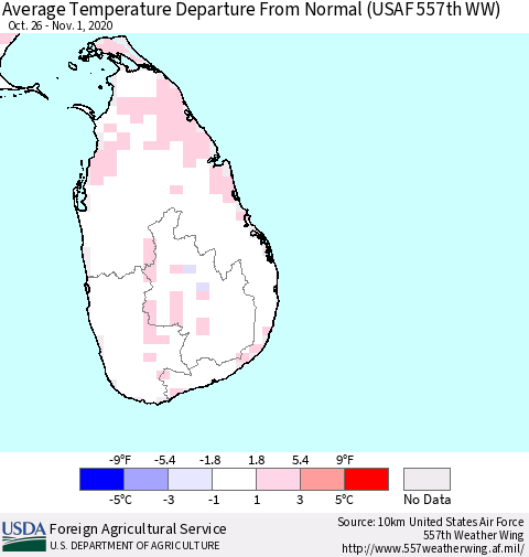 Sri Lanka Average Temperature Departure from Normal (USAF 557th WW) Thematic Map For 10/26/2020 - 11/1/2020