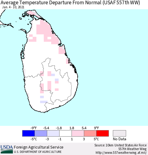 Sri Lanka Average Temperature Departure From Normal (USAF 557th WW) Thematic Map For 1/4/2021 - 1/10/2021