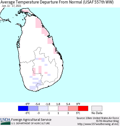 Sri Lanka Average Temperature Departure From Normal (USAF 557th WW) Thematic Map For 1/11/2021 - 1/17/2021