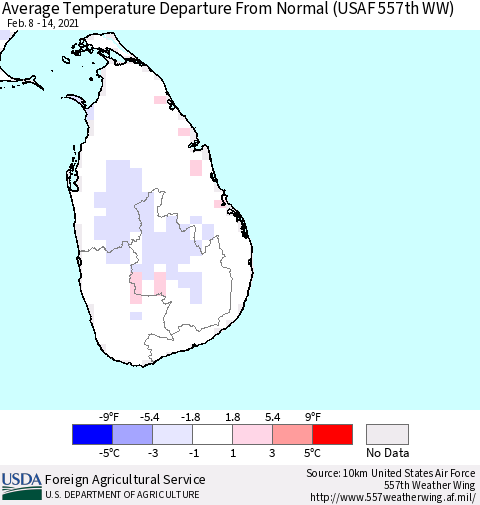 Sri Lanka Average Temperature Departure From Normal (USAF 557th WW) Thematic Map For 2/8/2021 - 2/14/2021