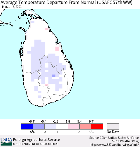 Sri Lanka Average Temperature Departure From Normal (USAF 557th WW) Thematic Map For 3/1/2021 - 3/7/2021