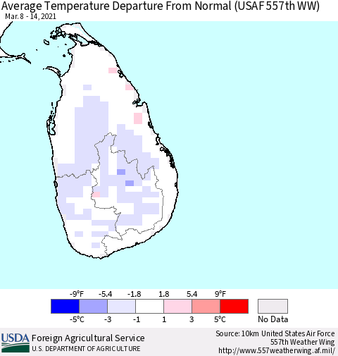 Sri Lanka Average Temperature Departure From Normal (USAF 557th WW) Thematic Map For 3/8/2021 - 3/14/2021