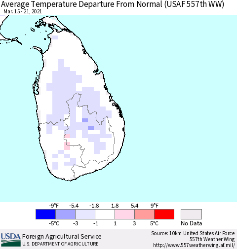 Sri Lanka Average Temperature Departure from Normal (USAF 557th WW) Thematic Map For 3/15/2021 - 3/21/2021