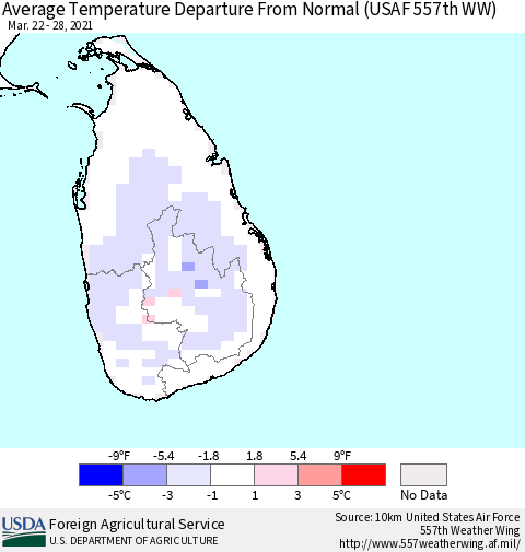 Sri Lanka Average Temperature Departure From Normal (USAF 557th WW) Thematic Map For 3/22/2021 - 3/28/2021