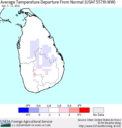 Sri Lanka Average Temperature Departure From Normal (USAF 557th WW) Thematic Map For 4/5/2021 - 4/11/2021