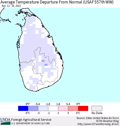 Sri Lanka Average Temperature Departure from Normal (USAF 557th WW) Thematic Map For 4/12/2021 - 4/18/2021