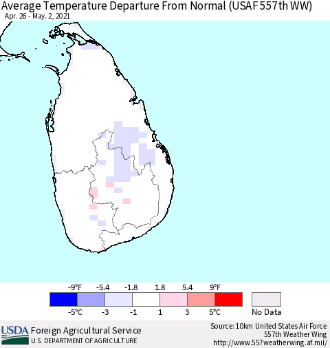 Sri Lanka Average Temperature Departure From Normal (USAF 557th WW) Thematic Map For 4/26/2021 - 5/2/2021