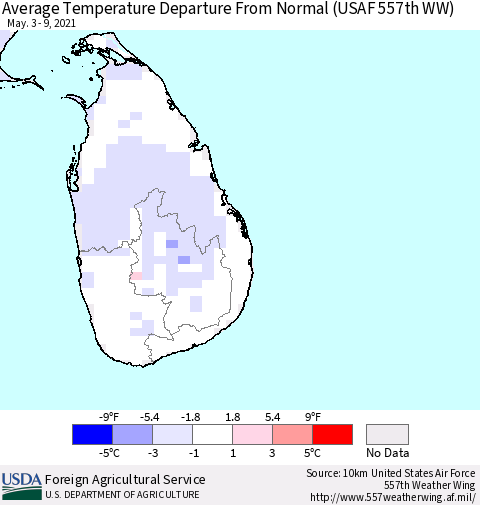 Sri Lanka Average Temperature Departure from Normal (USAF 557th WW) Thematic Map For 5/3/2021 - 5/9/2021