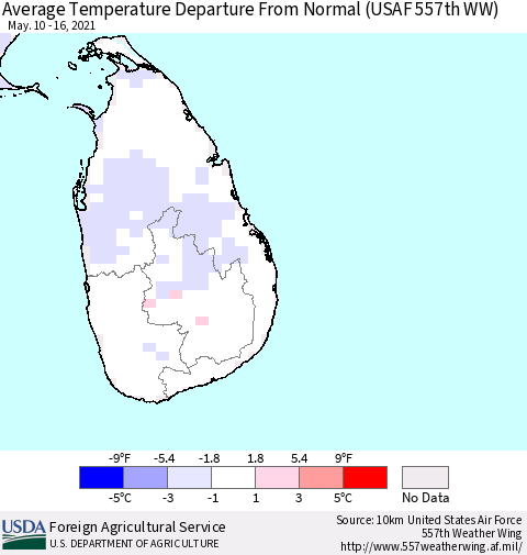 Sri Lanka Average Temperature Departure from Normal (USAF 557th WW) Thematic Map For 5/10/2021 - 5/16/2021