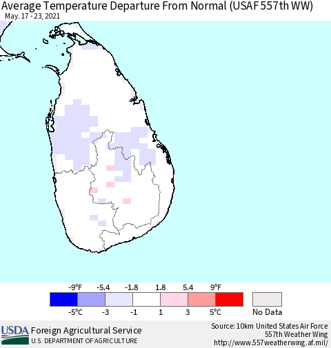 Sri Lanka Average Temperature Departure from Normal (USAF 557th WW) Thematic Map For 5/17/2021 - 5/23/2021