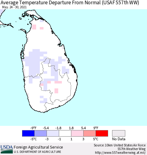 Sri Lanka Average Temperature Departure from Normal (USAF 557th WW) Thematic Map For 5/24/2021 - 5/30/2021