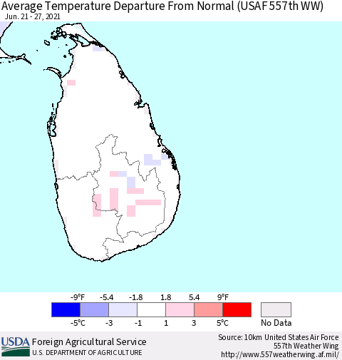 Sri Lanka Average Temperature Departure from Normal (USAF 557th WW) Thematic Map For 6/21/2021 - 6/27/2021