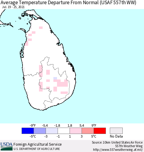 Sri Lanka Average Temperature Departure from Normal (USAF 557th WW) Thematic Map For 7/19/2021 - 7/25/2021