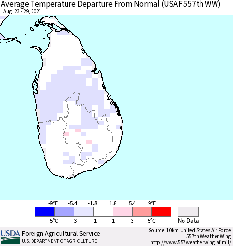Sri Lanka Average Temperature Departure from Normal (USAF 557th WW) Thematic Map For 8/23/2021 - 8/29/2021