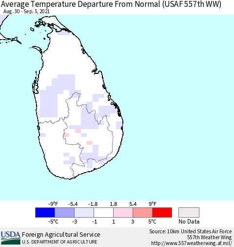 Sri Lanka Average Temperature Departure from Normal (USAF 557th WW) Thematic Map For 8/30/2021 - 9/5/2021