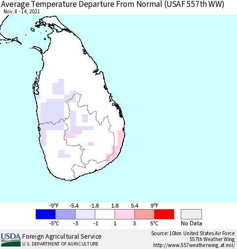 Sri Lanka Average Temperature Departure from Normal (USAF 557th WW) Thematic Map For 11/8/2021 - 11/14/2021