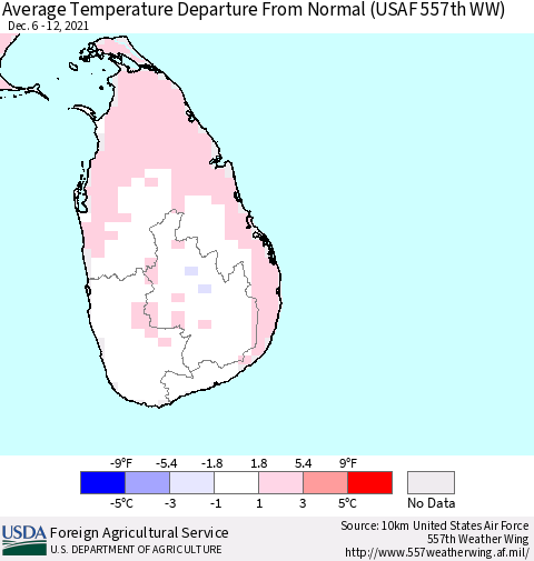 Sri Lanka Average Temperature Departure from Normal (USAF 557th WW) Thematic Map For 12/6/2021 - 12/12/2021