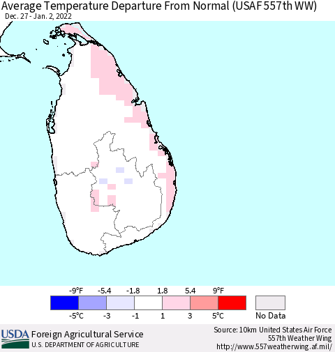 Sri Lanka Average Temperature Departure from Normal (USAF 557th WW) Thematic Map For 12/27/2021 - 1/2/2022