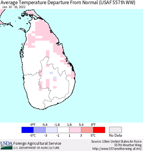 Sri Lanka Average Temperature Departure from Normal (USAF 557th WW) Thematic Map For 1/10/2022 - 1/16/2022
