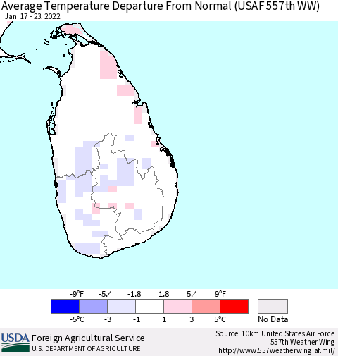 Sri Lanka Average Temperature Departure from Normal (USAF 557th WW) Thematic Map For 1/17/2022 - 1/23/2022