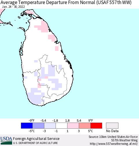 Sri Lanka Average Temperature Departure from Normal (USAF 557th WW) Thematic Map For 1/24/2022 - 1/30/2022
