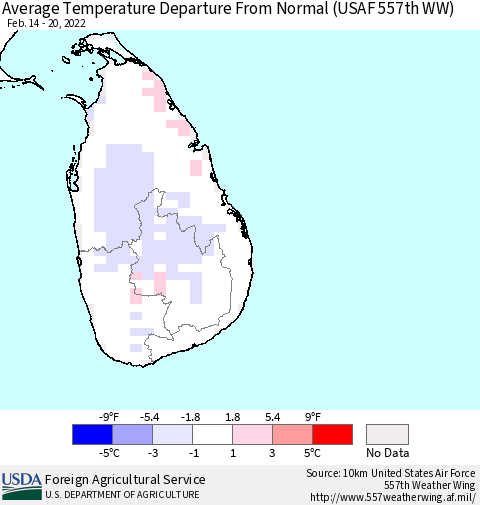 Sri Lanka Average Temperature Departure from Normal (USAF 557th WW) Thematic Map For 2/14/2022 - 2/20/2022