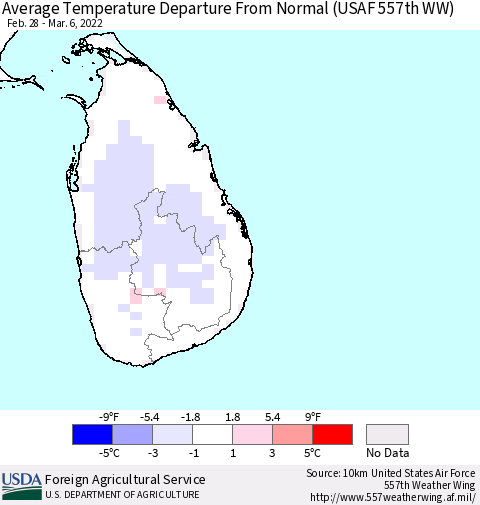 Sri Lanka Average Temperature Departure from Normal (USAF 557th WW) Thematic Map For 2/28/2022 - 3/6/2022