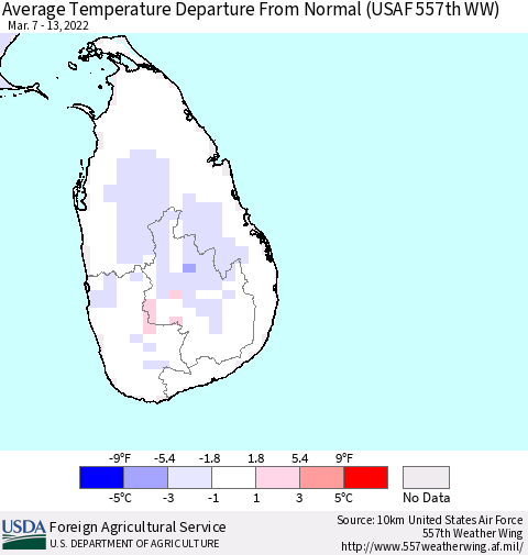 Sri Lanka Average Temperature Departure from Normal (USAF 557th WW) Thematic Map For 3/7/2022 - 3/13/2022