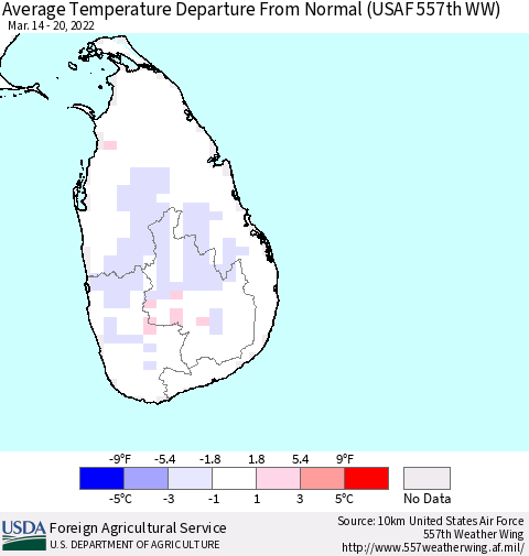 Sri Lanka Average Temperature Departure from Normal (USAF 557th WW) Thematic Map For 3/14/2022 - 3/20/2022