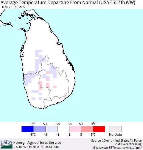 Sri Lanka Average Temperature Departure from Normal (USAF 557th WW) Thematic Map For 3/21/2022 - 3/27/2022