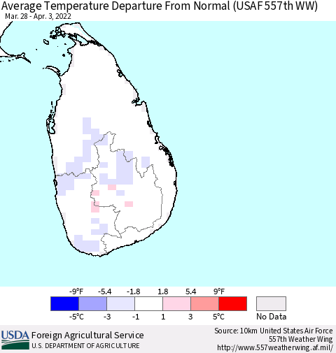 Sri Lanka Average Temperature Departure from Normal (USAF 557th WW) Thematic Map For 3/28/2022 - 4/3/2022