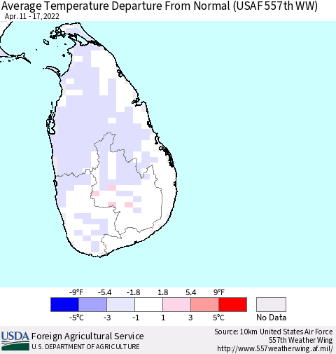 Sri Lanka Average Temperature Departure from Normal (USAF 557th WW) Thematic Map For 4/11/2022 - 4/17/2022