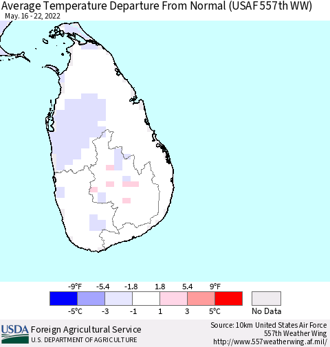Sri Lanka Average Temperature Departure from Normal (USAF 557th WW) Thematic Map For 5/16/2022 - 5/22/2022