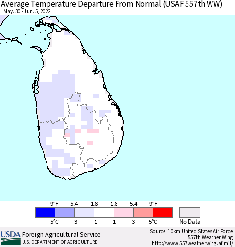 Sri Lanka Average Temperature Departure From Normal (USAF 557th WW) Thematic Map For 5/30/2022 - 6/5/2022